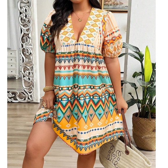 Plus V neck Tribal Geo Print Puff Sleeve Mini Dress - Picture 3 of 4